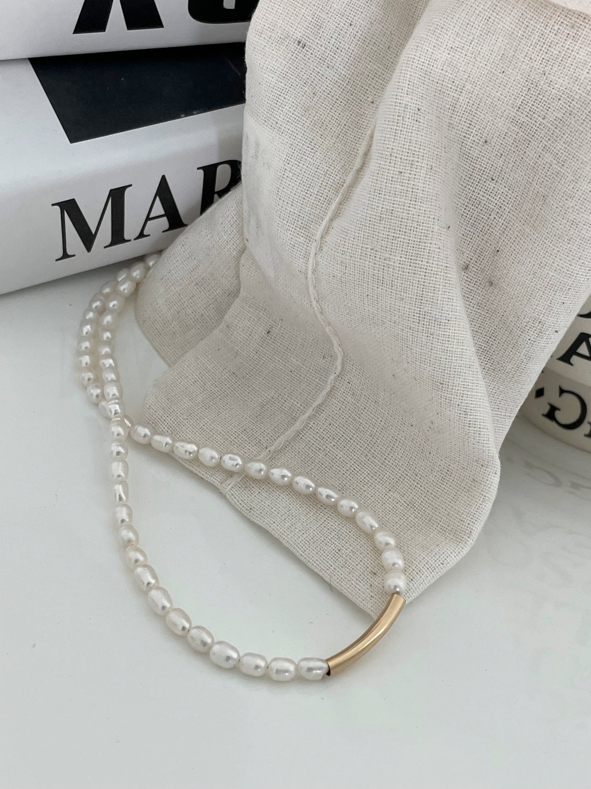 Gold Smile Bar Freshwater Pearl Necklace