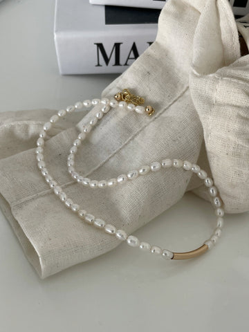 Gold Smile Bar Freshwater Pearl Necklace