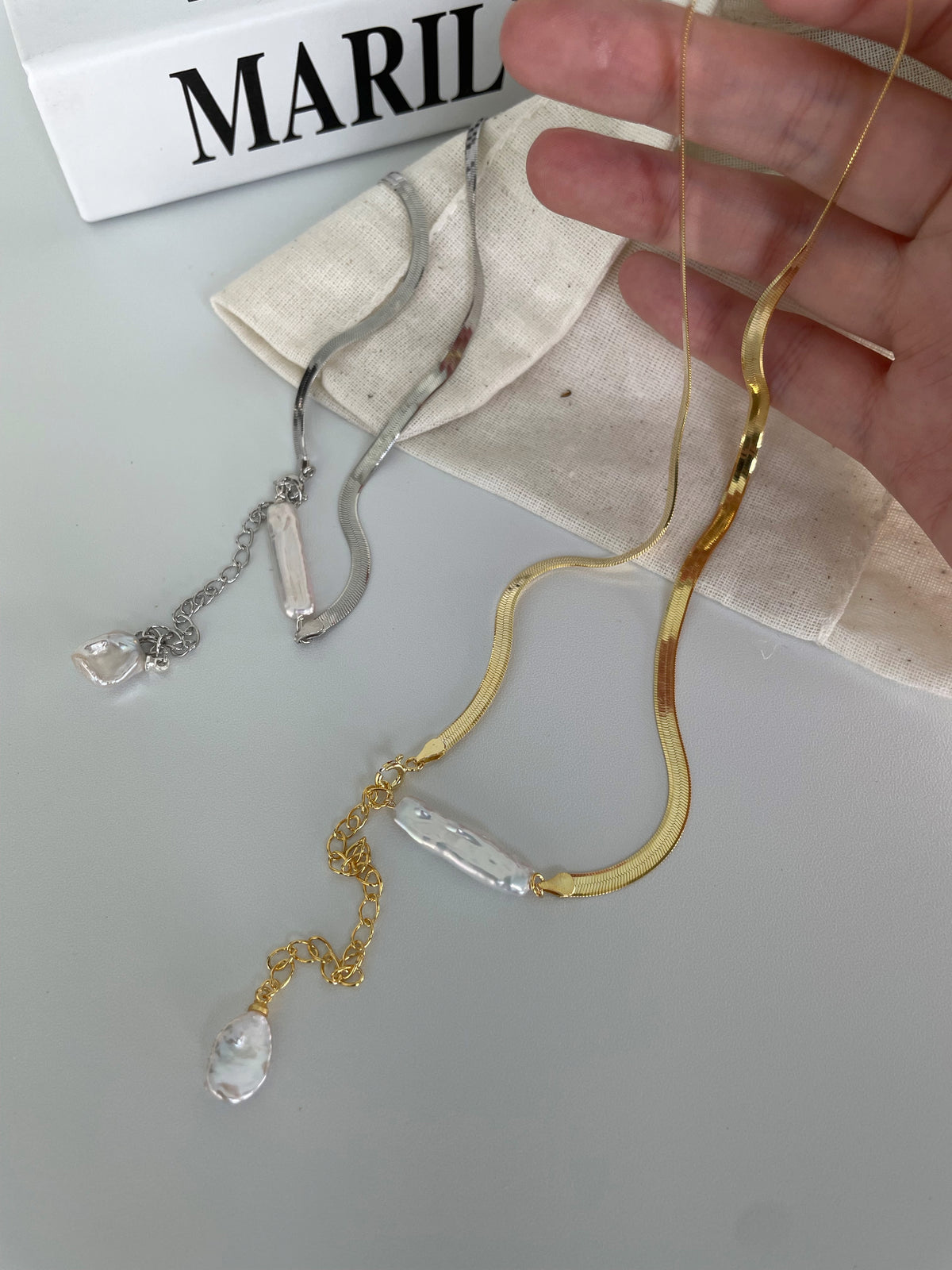 Herringbone Chain Baroque Pearl Necklace