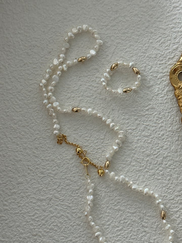 Dainty Freshwater Pearl Necklace and Ring Set — Gold Bead Accent