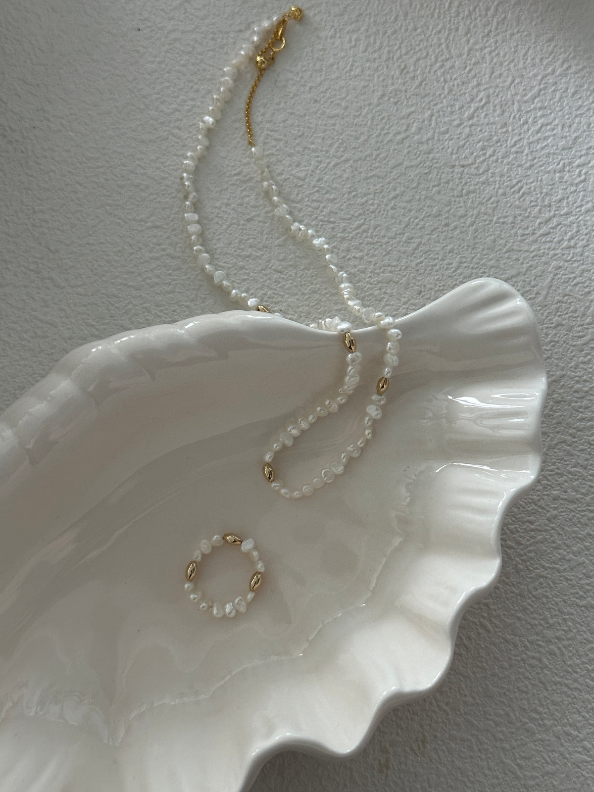 Dainty Freshwater Pearl Necklace and Ring Set — Gold Bead Accent