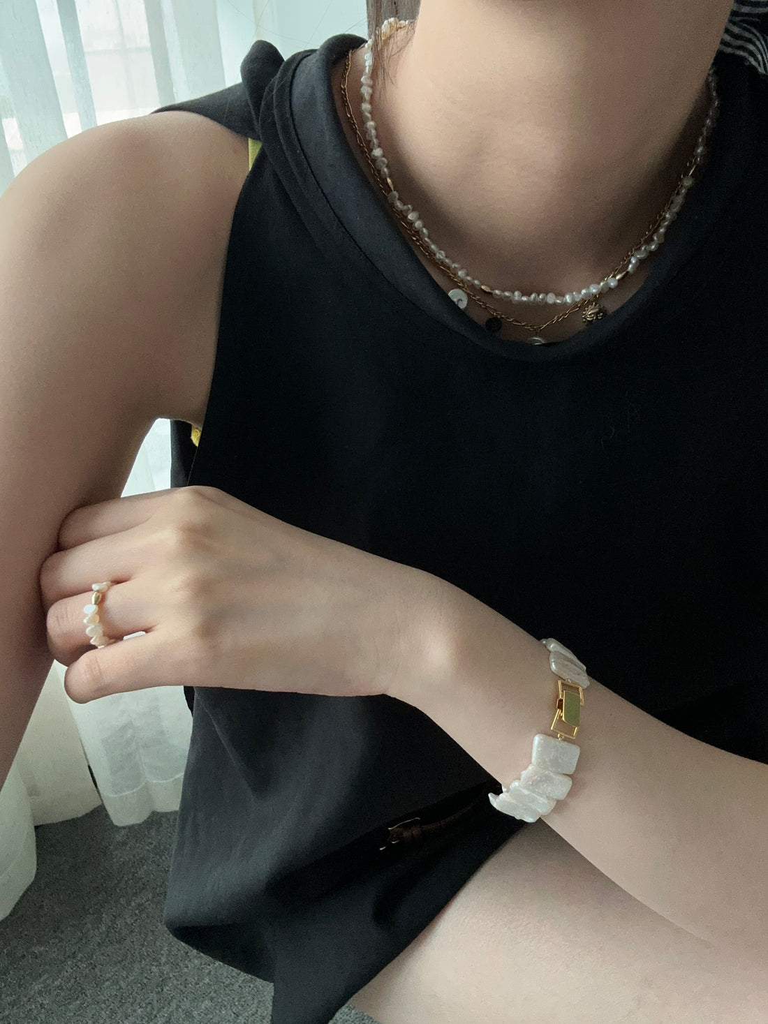 Dainty Freshwater Pearl Necklace and Ring Set — Gold Bead Accent