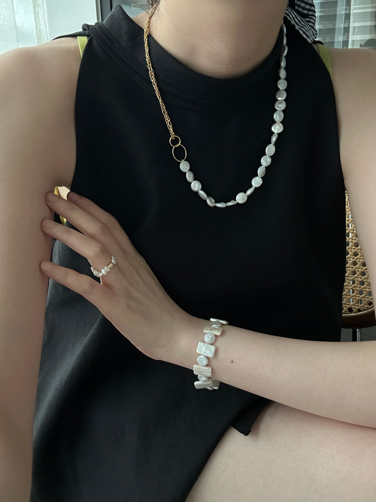 Dainty Freshwater Pearl Necklace and Ring Set — Gold Bead Accent