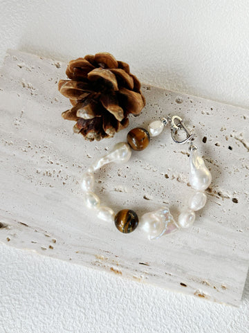 Boho Artisan Large Baroque Pearl & Tiger's Eye Bracelet