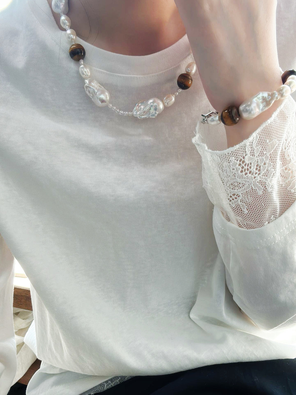 Boho Artisan Large Baroque Pearl & Tiger's Eye Bracelet