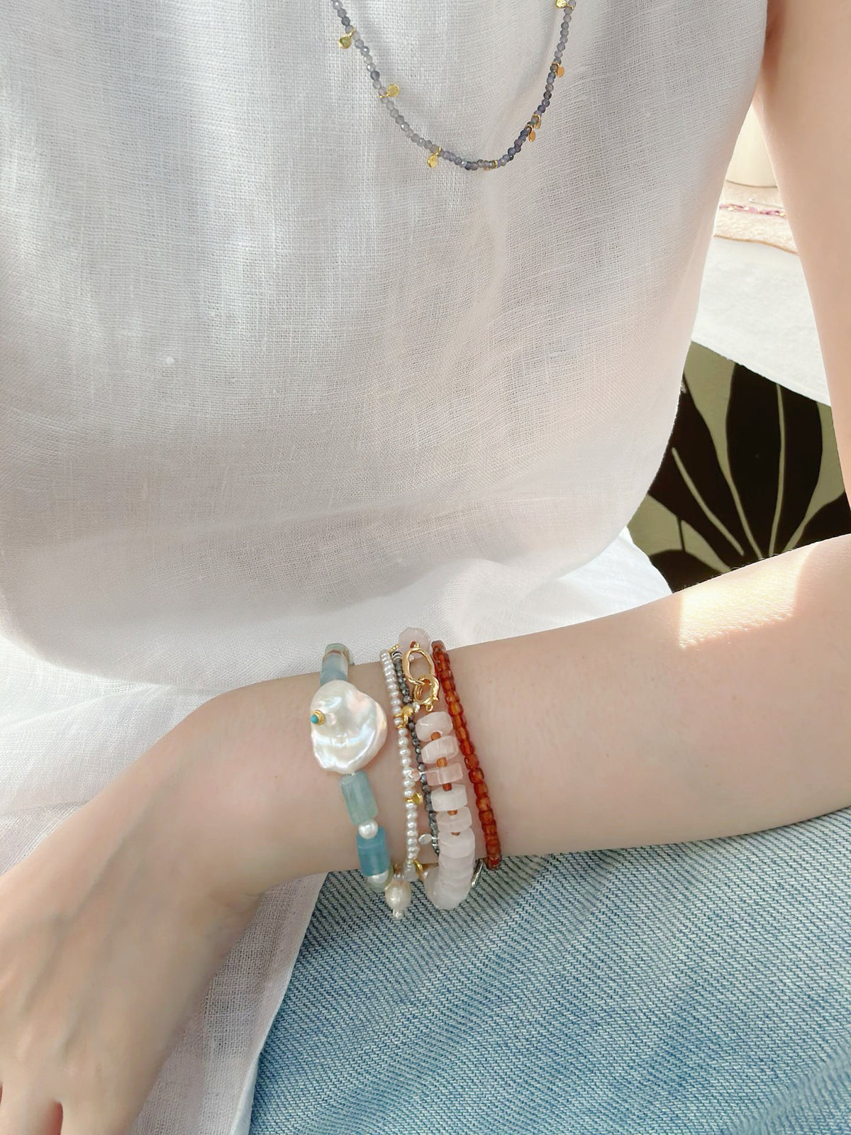 Ocean-Inspired Blue Stone & Large Baroque Pearl Bracelet