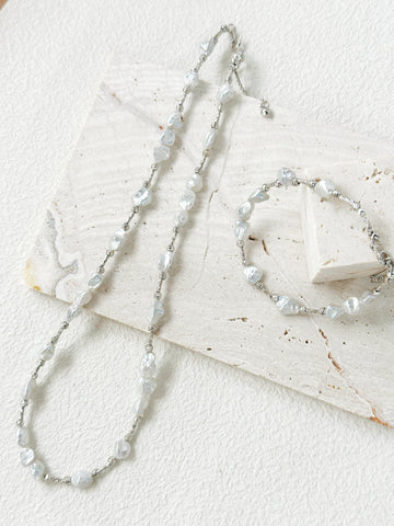 Baroque Pearl & Scattered Silver Necklace & Bracelet Set