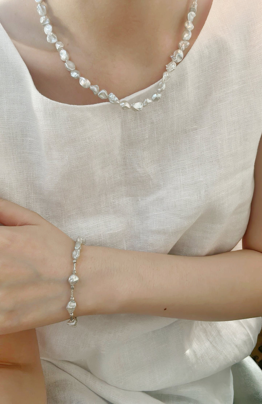 Baroque Pearl & Scattered Silver Necklace & Bracelet Set