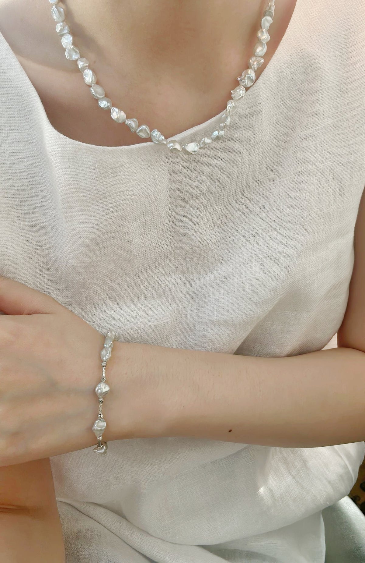 Baroque Pearl & Scattered Silver Necklace & Bracelet Set