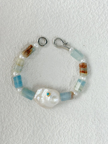 Ocean-Inspired Blue Stone & Large Baroque Pearl Bracelet