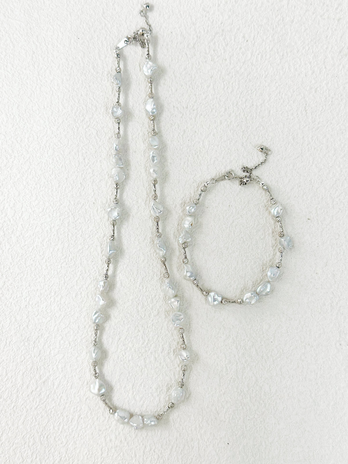 Baroque Pearl & Scattered Silver Necklace & Bracelet Set