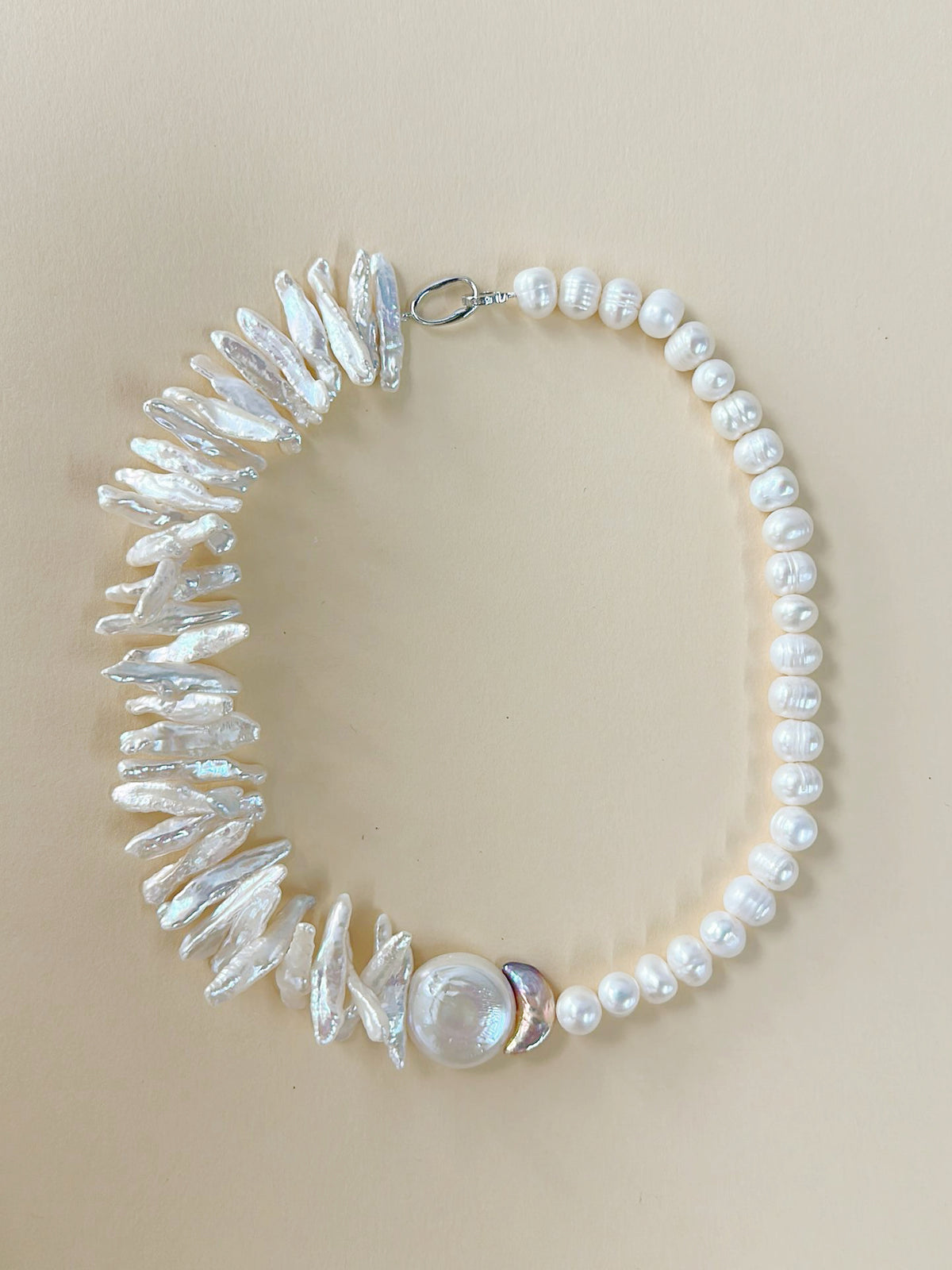 Artistic Asymmetric Coin & Biwa Baroque Pearl Necklace — Seine River Whisper