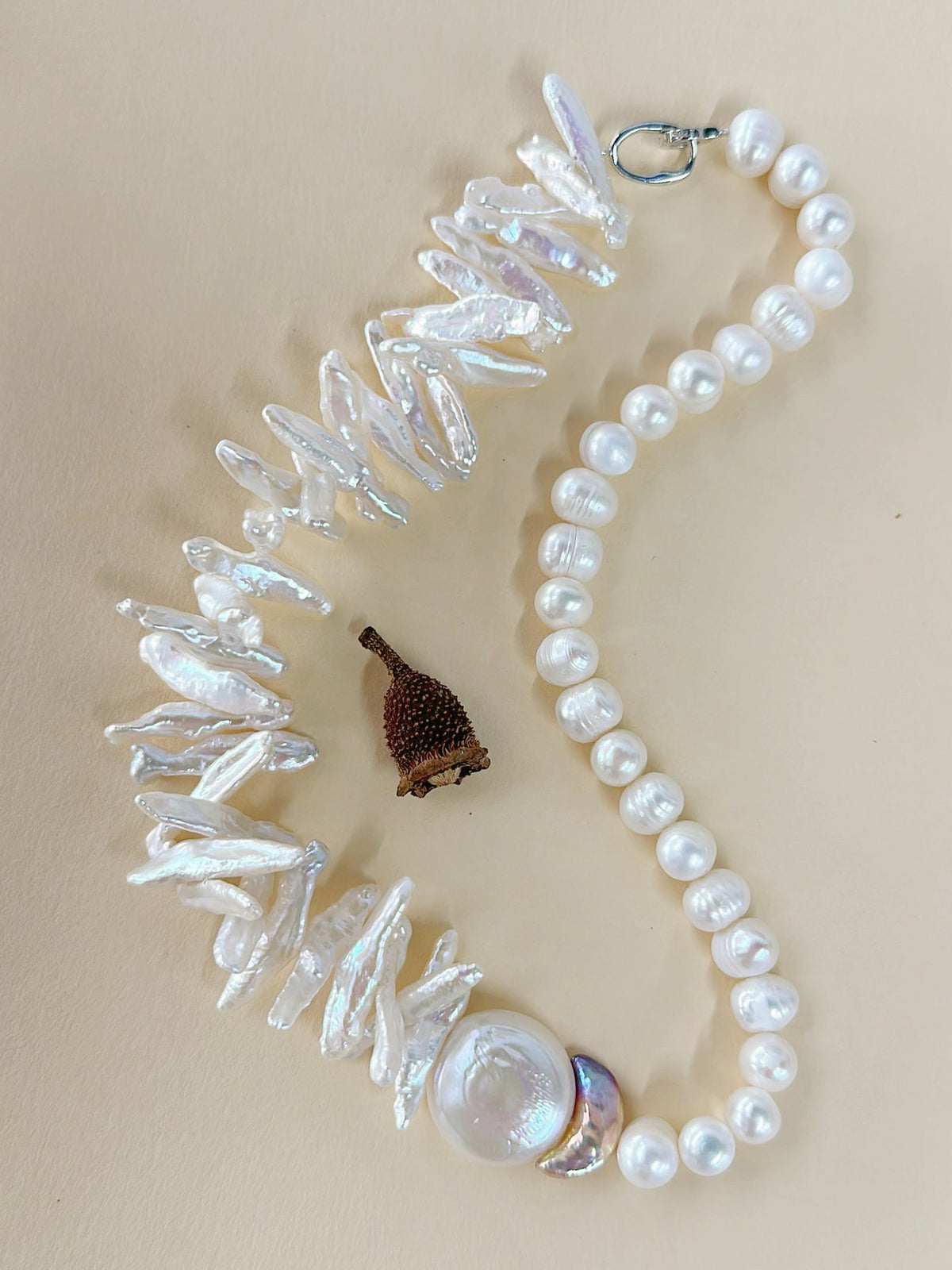 Artistic Asymmetric Coin & Biwa Baroque Pearl Necklace — Seine River Whisper