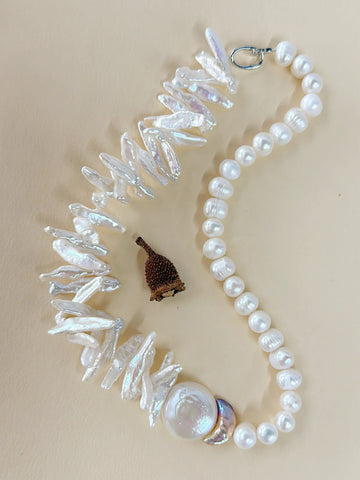 Artistic Asymmetric Coin & Biwa Baroque Pearl Necklace — Seine River Whisper