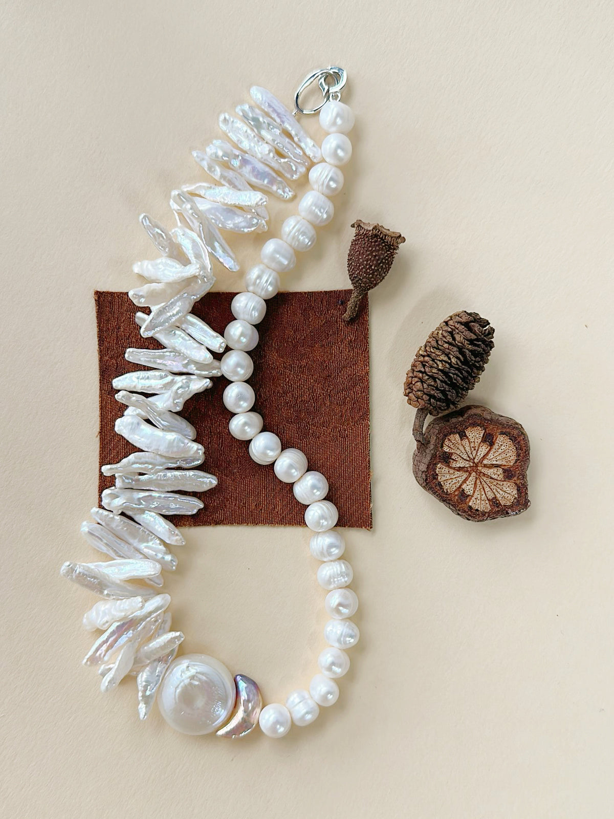 Artistic Asymmetric Coin & Biwa Baroque Pearl Necklace — Seine River Whisper