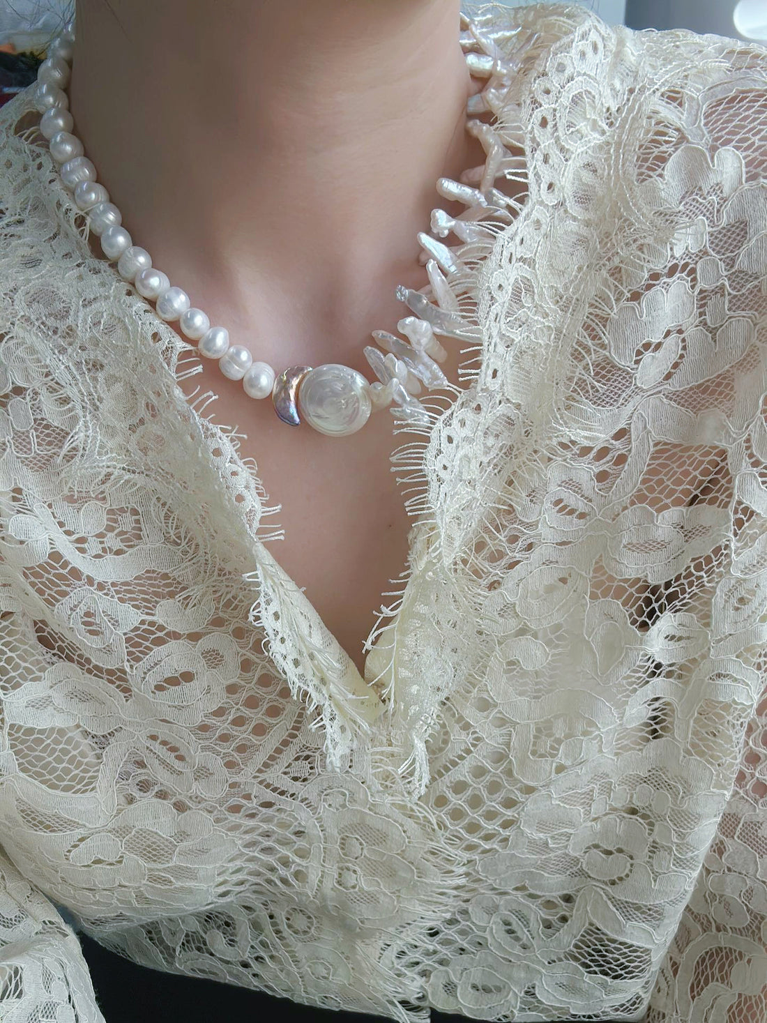 Artistic Asymmetric Coin & Biwa Baroque Pearl Necklace — Seine River Whisper