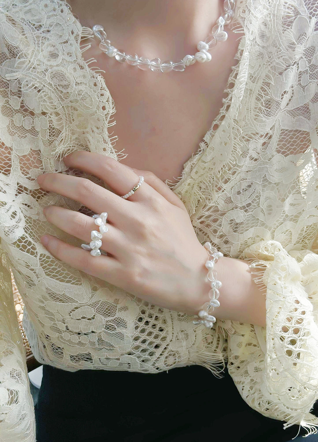 Keshi Pearl White Crystal Bracelet Set, Dreamy Romantic