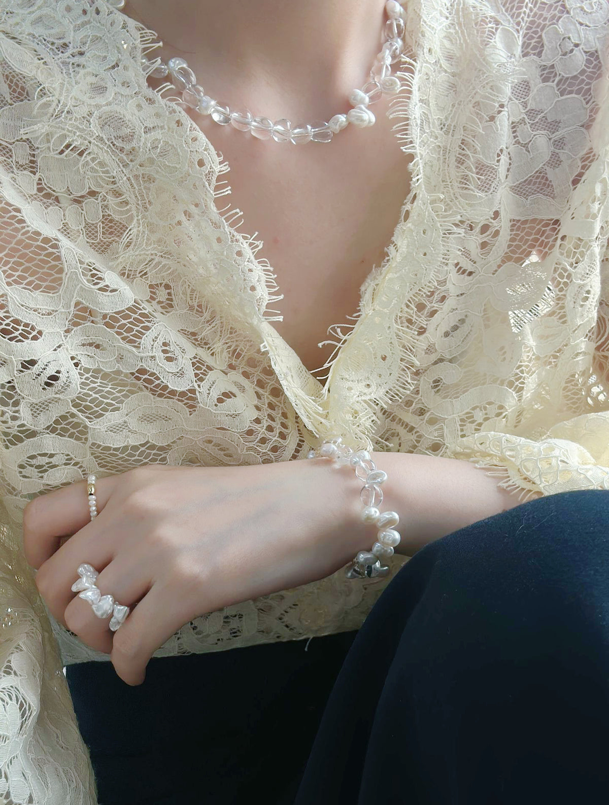 Keshi Pearl White Crystal Bracelet Set, Dreamy Romantic